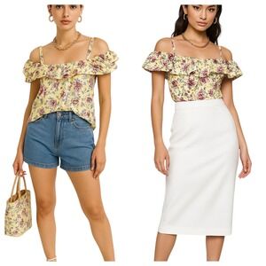 NWT No Comment Off Shoulder‎ Ruffle Floral Blouse Yellow 3XL Cottagecore Garden